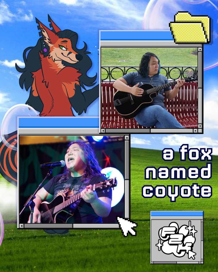[id: windows in a style similar to Windows XP with two pictures of A Fox Named Coyote playing the guitar and the FurSquared logo. A pixelated folder and mouse cursor overlap the windows. Behind the windows is A Fox Named Coyote's fursona: an anthro fox with long black hair and pointy serrated ears. The background is a default Windows wallpaper with a blue cloudy sky, green hills, and large bubbles. Text reads "a fox named coyote" /end id]