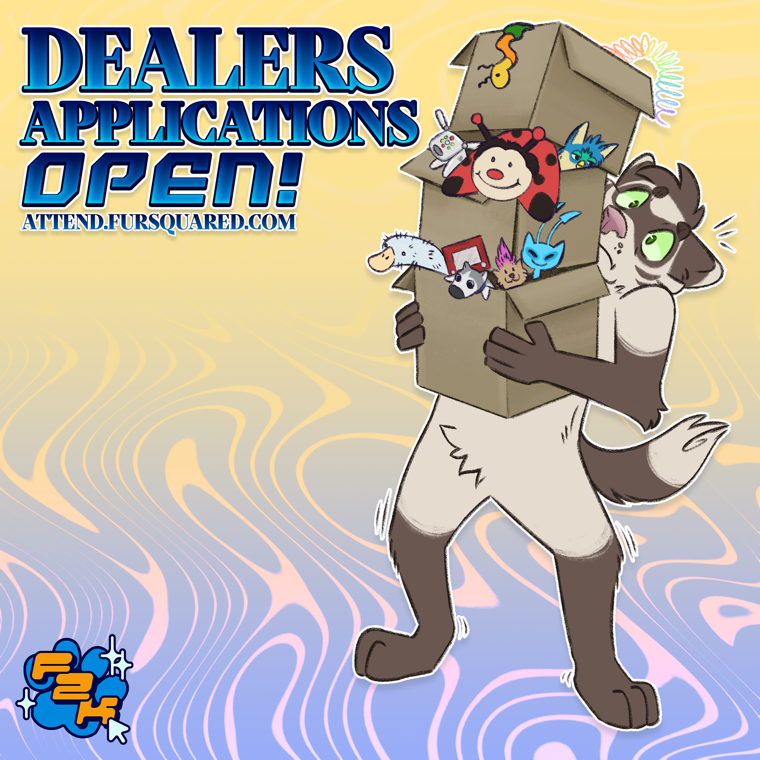 [id: illustration of an anthro ferret carrying a stack of three open boxes. They look worried the boxes will fall. In the boxes are a variety of early late 1990s/early 2000s toys including a beanie baby worm, iDog, ladybug pillowpet, furby, Webkinz googles plush, etch-a-sketch, The Dog plush, troll dog, and Aisha Neopet. Next to it, text reads "Dealers Den Applications Open! attend.fursquared.com" and the fursquared logo. The background is an abstract swirl pattern. /end id]